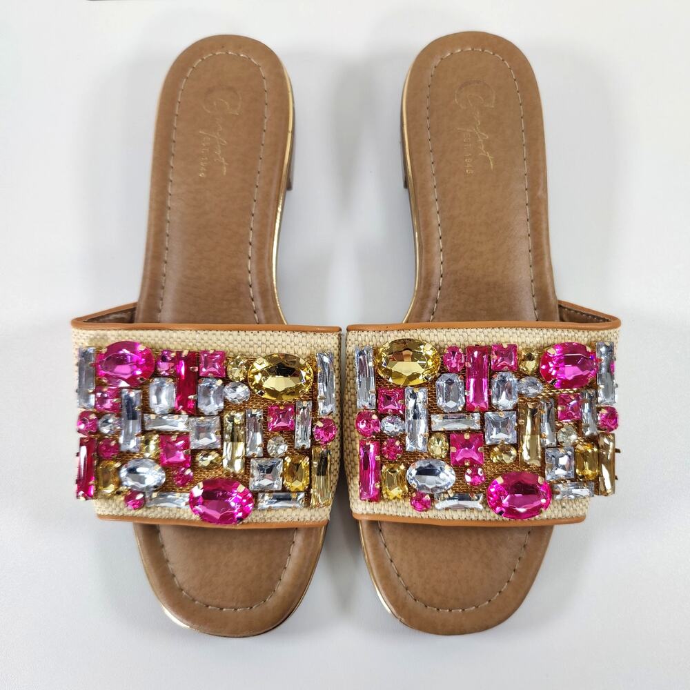 Jeweled Slide Sandals Pink Gold Raffia Size 8 Resort Vacation Loud Luxury Chic